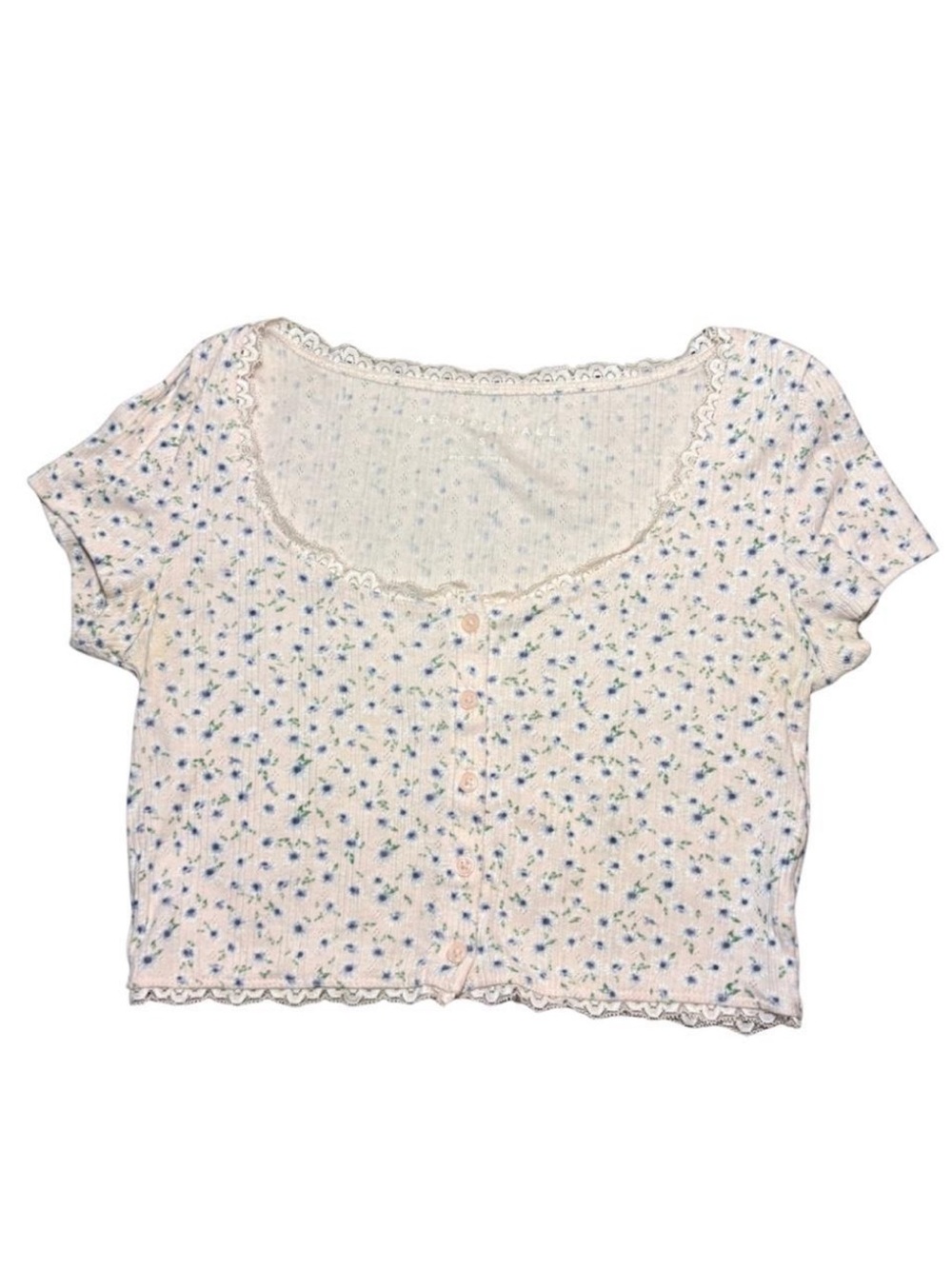 Forever 21 White Floral Lace-Trim Button Crop Top